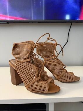 Aldo Perforated Lace-Up Block Heel Sandals - Brown